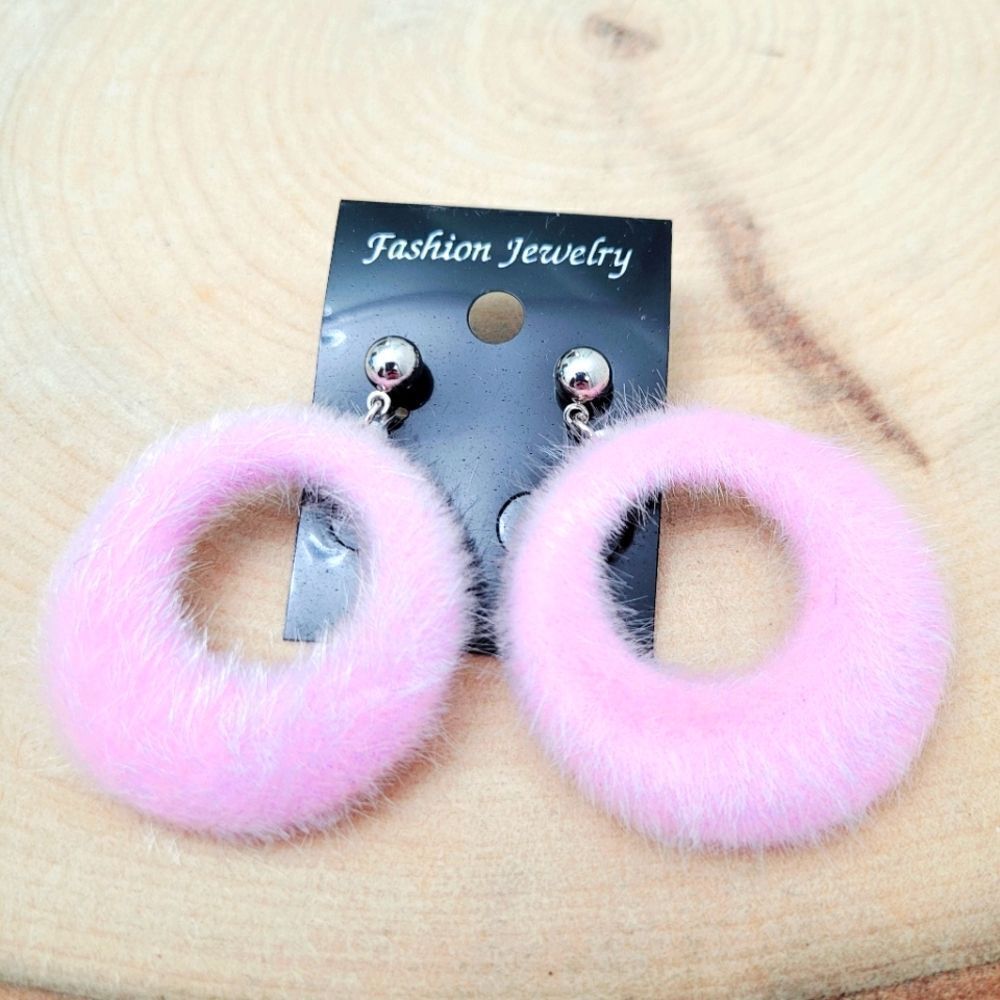 2/$20 Brand New Pink Fluffy Round Silver Earrings